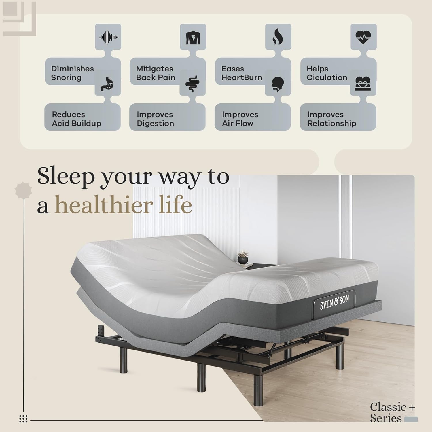 Classic plus (With Head-Tilt) Adjustable Bed Base (Frame) + 14 Inch Hybrid Spring Matt (Medium Soft), Head and Foot Lift, Massage, Under-Bed Lights, USB, Memory, Zero Gravity - Queen
