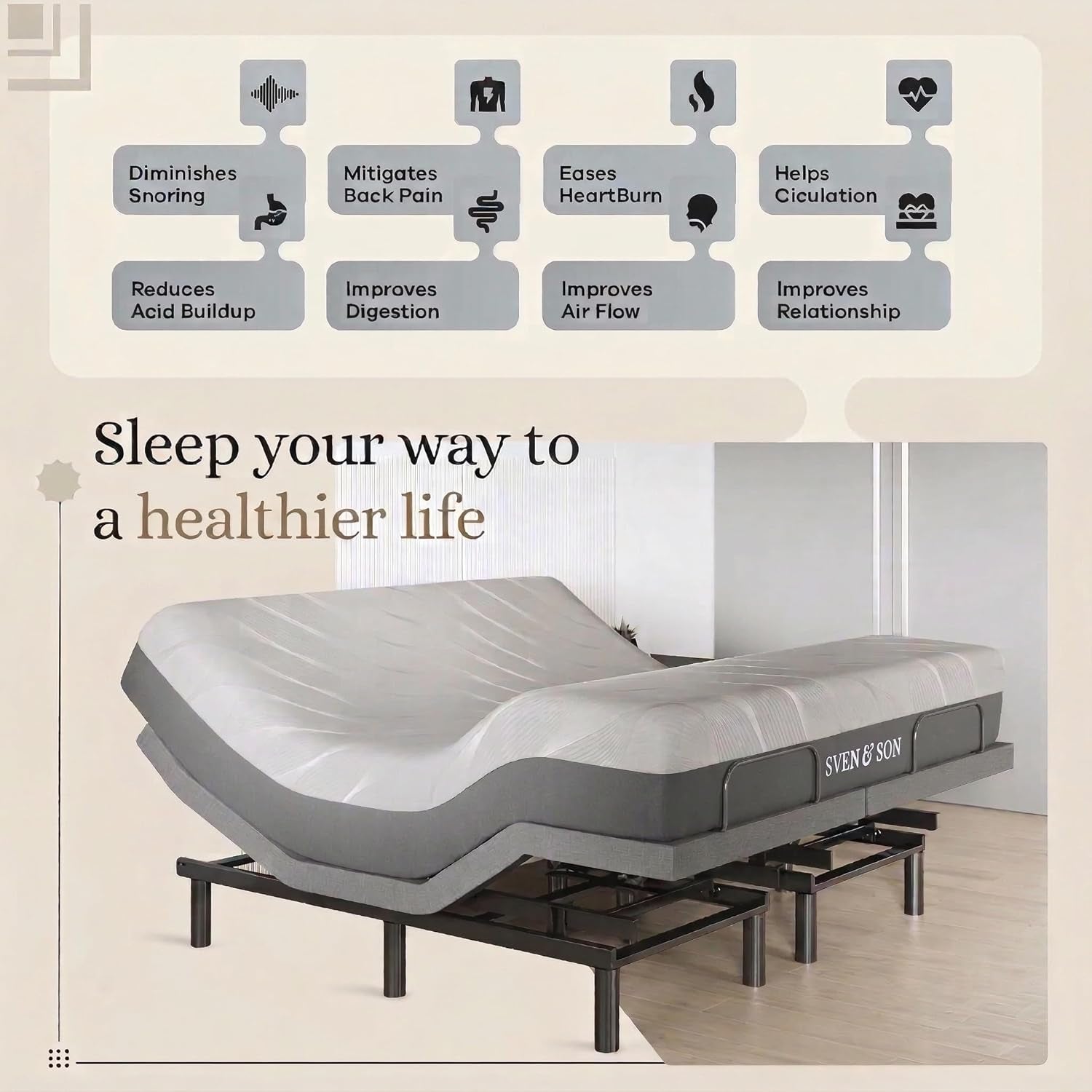 Sven & Son Classic plus (With Head-Tilt) Adjustable Bed Base (Frame) + 14 Inch Hybrid Spring Matt (Medium Soft), Head and Foot Lift, Massage, Under-Bed Lights, USB, Memory, Zero Gravity - King