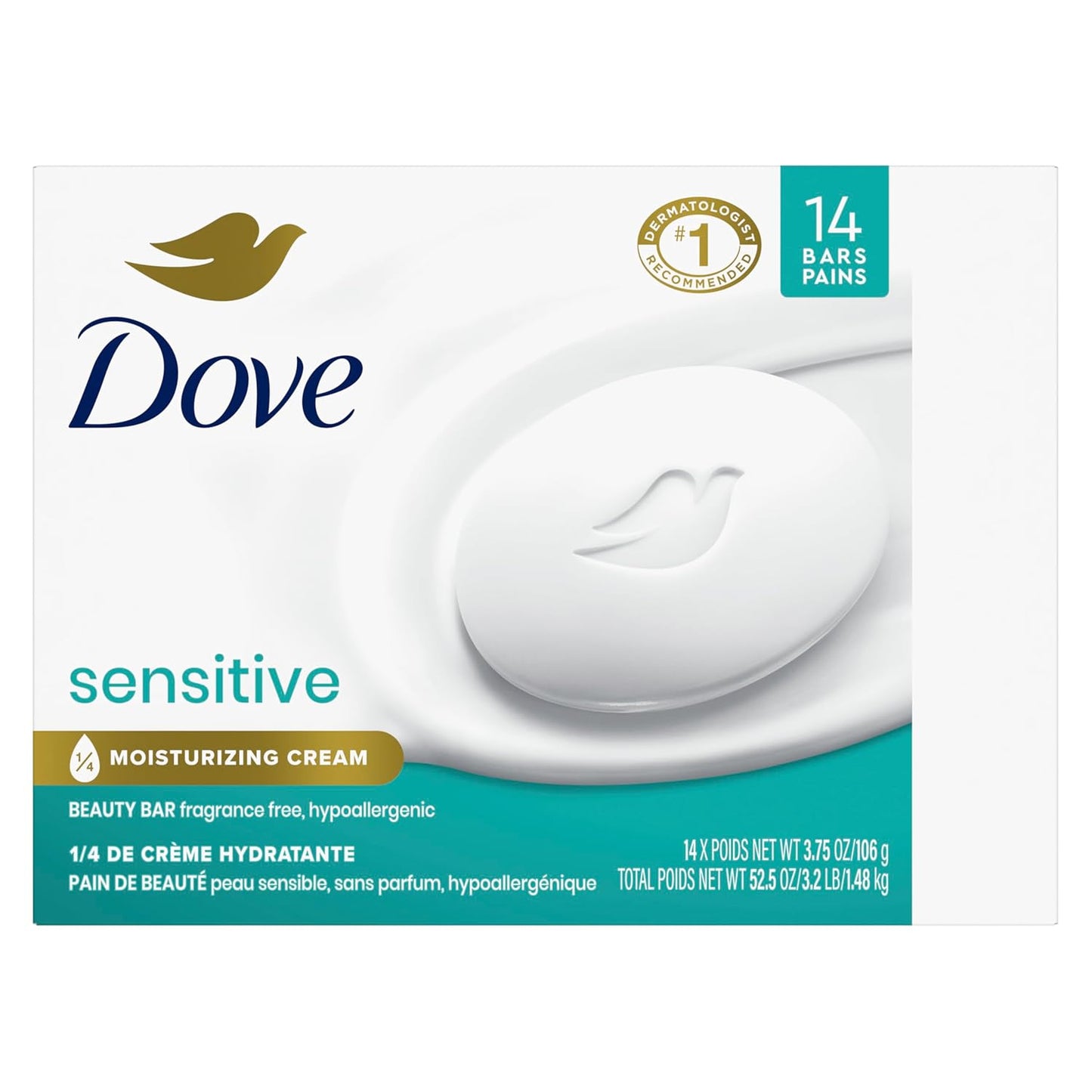 Dove Beauty Bar More Moisturizing than Bar Soap for Softer Skin, Fragrance-Free, Hypoallergenic Beauty Bar Sensitive Skin with Gentle Cleanser 3.75 Oz 14 Bars